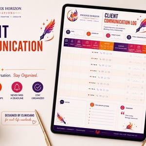 May include: A digital client communication log displayed on a tablet, with a vibrant design and the words "Client Communication Log." The log includes sections for tracking interactions, follow-ups, and deadlines. The design incorporates a logo and the phrase "Track Every Conversation. Stay Organized."