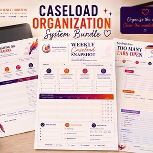 May include: A Caseload Organisation System Bundle with the text "Caseload Organisation System Bundle" and "Waiting on Tracker". The bundle includes a weekly snapshot and a notepad with the text "My Brain Has Too Many Tabs Open". A coffee mug and pens are also visible.