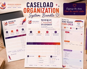 May include: A Caseload Organization System Bundle with the text "Caseload Organization System Bundle" and "Waiting on Tracker". The bundle includes a weekly snapshot and a notepad with the text "My Brain Has Too Many Tabs Open". A coffee mug and pens are also visible.
