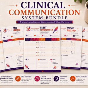 Könnte beinhalten: Ein Bundle druckbarer Vorlagen für ein klinisches Kommunikationssystem. Die Vorlagen umfassen einen Follow-up-Tracker, einen Call-Tracker, ein Client-Kommunikationsprotokoll, ein Kontaktverzeichnis und einen Koordinationstracker. Das Design hat ein Farbschema aus Weiß, Orange und Lila.
