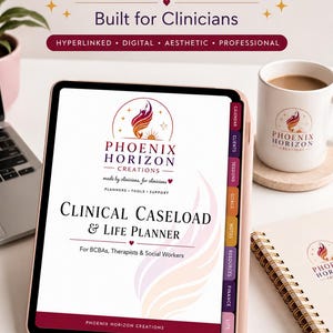 Può includere: Un Clinical Caseload & Life Planner digitale per BCBA, terapisti e assistenti sociali. L'immagine mostra un tablet con il planner aperto, una tazza di caffè e un taccuino a spirale. Il planner è ipertestuale, digitale, estetico e professionale.