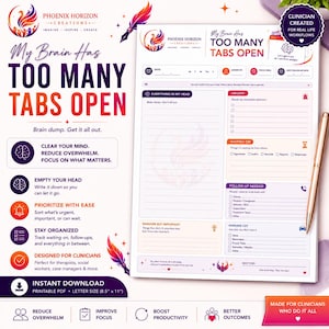 Może przedstawiać: Drukowany planer PDF z tekstem "My Brain Has Too Many Tabs Open". Planer zawiera sekcje do burzy mózgów, pilnych zadań i działań następczych. Zaprojektowany dla klinicystów, w formacie Letter (21,6 cm x 27,9 cm) i promuje koncentrację i produktywność.