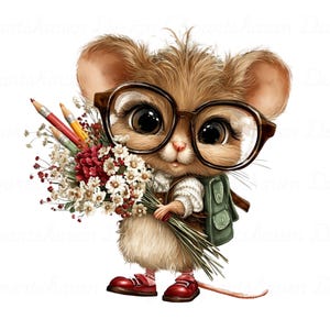 May include: A fluffy brown mouse character wearing large dark-rimmed glasses and a green backpack. The mouse holds a bouquet of small white and red flowers mixed with two colored pencils, and wears small red shoes on its feet.