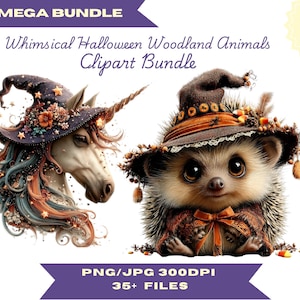 May include: A digital clipart bundle featuring a unicorn wearing a dark floral witch hat and a hedgehog in an orange witch hat. Text includes MEGA BUNDLE, Whimsical Halloween Woodland Animals Clipart Bundle, 50% OFF, and PNG/JPG 300DPI 35+ FILES.