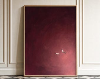 Puede incluir: Una impresión artística rectangular enmarcada con un fondo degradado en color burdeos profundo y rojo oscuro. Dos pájaros pequeños de color claro aparecen volando hacia el lado derecho de la composición, sobre un fondo de color sólido.