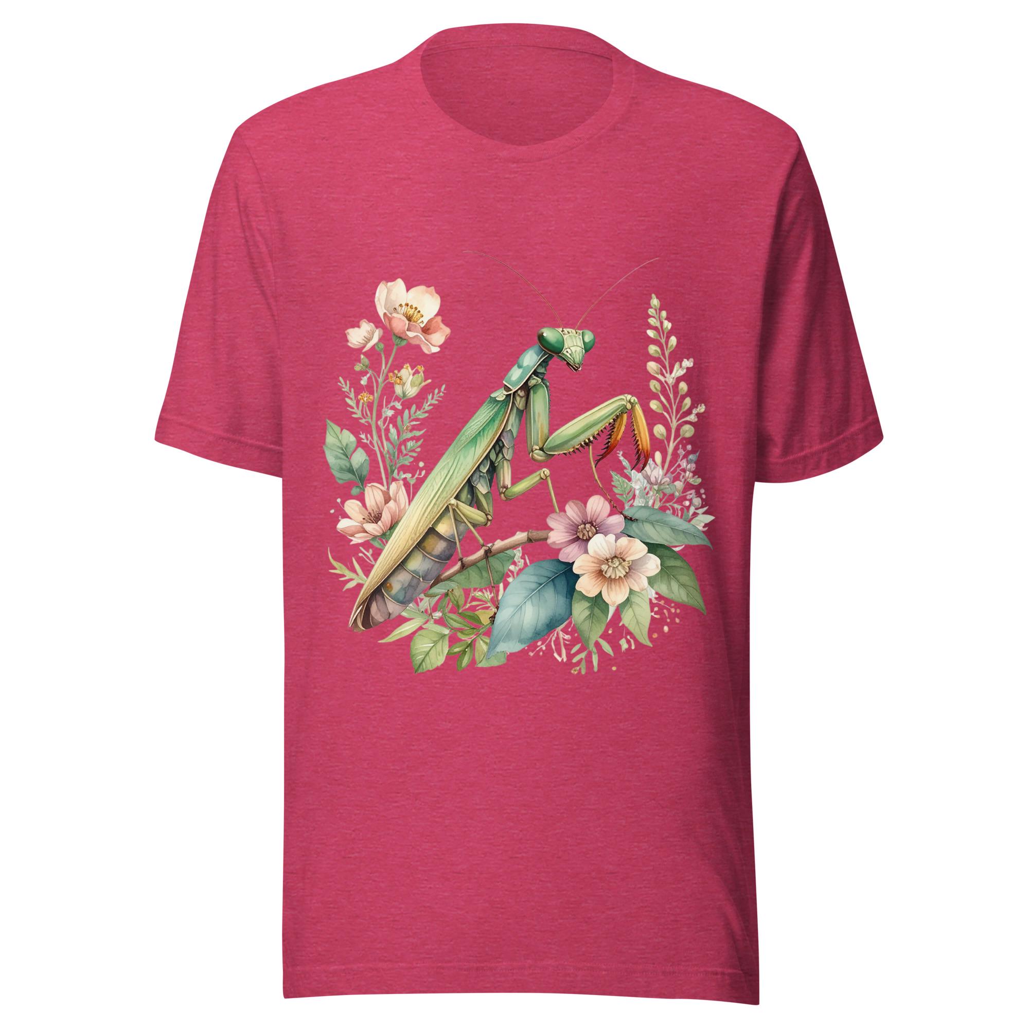 Graphic T-Shirt with Praying Mantis and Floral Design