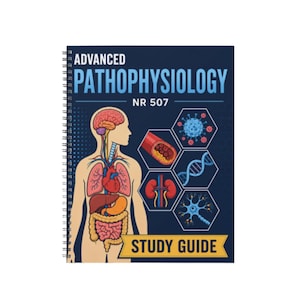 May include: A spiral-bound study guide titled Advanced Pathophysiology NR 507. The dark blue cover features a human anatomical diagram showing internal organs, alongside hexagonal icons depicting a virus, blood vessel, DNA, kidneys, and neurons.