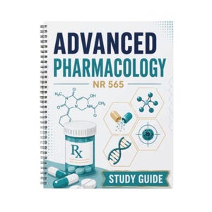 May include: A spiral-bound study guide titled Advanced Pharmacology NR 565. The white cover features a blue and teal color scheme with illustrations of a prescription pill bottle, chemical structures, a DNA helix, and various medication capsules.