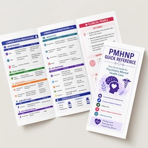 May include: A tri-fold PMHNP Quick Reference guide for psychiatric-mental health care. The document features tables on common psych medications, including antidepressants, mood stabilizers, and stimulants, alongside clinical pearls and key monitoring data.