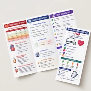 Op de afbeelding: Een drieluik verpleegkundige referentiegids met medische informatie over cardiovasculaire gezondheid, diabetesbeheer en medicatie. Het witte papier bevat kleurrijke iconen, grafieken en de tekst Quick Nursing Reference FNP.