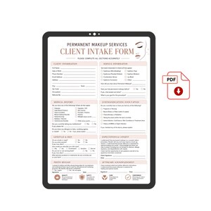 May include: A digital permanent makeup services client intake form displayed on a tablet screen. The document includes sections for client information, service details, medical history, contraindications, lifestyle, consent, and photo release.
