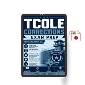 以下が含まれることがあります： TCOLE Corrections試験対策用のデジタル学習ガイド。ダークブルーの配色で、刑務所の監視塔のイラスト、テキサス州の輪郭、バッジのアイコンが描かれています。テキストには、テキサス州の法律や刑務所運営などのトピックが含まれています。