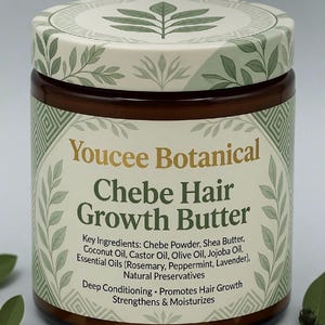 May include: A jar of Youcee Botanical Chebe Hair Growth Butter. The jar has a white and green lid with a leaf design. The label lists key ingredients and benefits. The jar is brown with a white and green label.