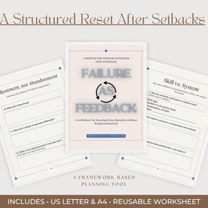 May include: A structured reset worksheet titled "Failure as Feedback" with fill-in sections. The cover text reads "A System for Turning Setbacks into Feedback." Includes US Letter and A4 sizes. The worksheet is designed for learning from obstacles.