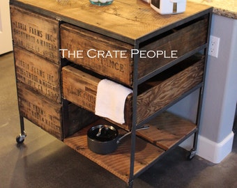 Kitchen Island Crate Combo  - Industrial Cart -- Custom Crate Furniture 100yr old Barn Wood