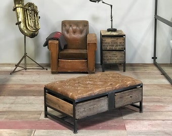 Ottoman Distressed Leather Tufted | The Benzi Crate Bench - Custom Made Furniture