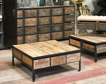 WINE Crate Cocktail Table | The 40" Square Table | Reclaimed Wood Top, Crates repurposed as drawers