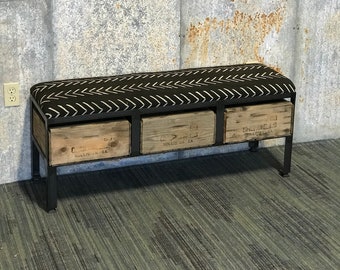 Mudcloth Bench African Mali Vintage Crate Storage | Custom Furniture