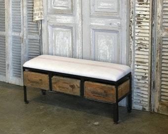 Bench European Grain Sack with vintage wood crate storage | Custom Furniture