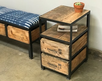 Nightstand with shelf and Vintage Crates  -- 100yr old Barn Wood Top