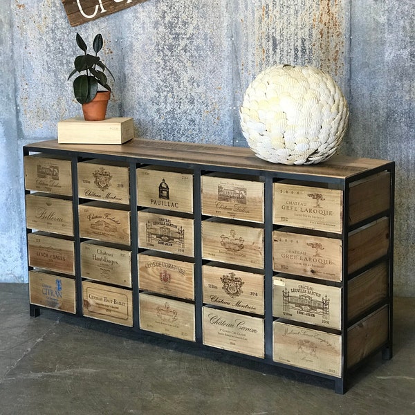 Wine Crate Console Table - Rustic Industrial Sideboard - Upcycled Wood Storage Cabinet