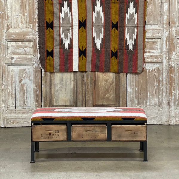 Navajo Bench Southwestern Blanket Vintage Crate Storage Ottoman | Custom Furniture