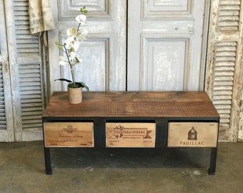 Coffee Table WINE LOVERS !!  French Wine Crate Cocktail Table with 100+ yr old Barn Wood top