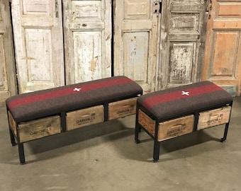 SWISS ARMY SKI Patrol Bench Vintage Crate Ottoman with Storage | Custom Furniture