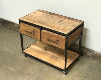 Side Table on Casters Industrial Farmhouse - Vintage Wood Crates | Barnwood | Steel