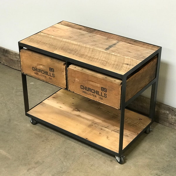 Side Table on Casters Industrial Farmhouse - Vintage Wood Crates | Reclaimed Wood