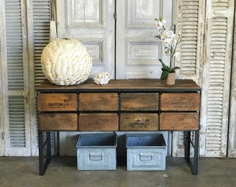 Reclaimed Wood Sofa Table | Vintage Crate Storage, Iron Frame
