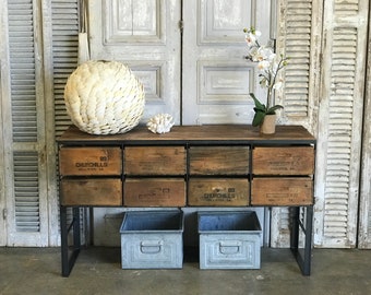 Sofa Table or Entry Table  ||  Vintage Wood Crates and 100yr old Barn wood || Custom Made Furniture