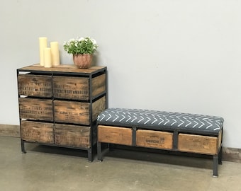 Mudcloth Bench Grey African Mali Vintage Crate Storage | Custom Furniture