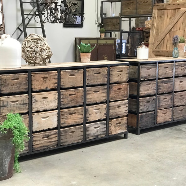 Dresser Console | The Crescendo | repurposed vintage crates as drawers and 100yr old Reclaimed Wood Top
