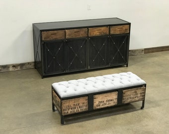 Ottoman with Vintage Crate Storage Button Tufted | The 3 ZORIA Crate Custom Made Furniture