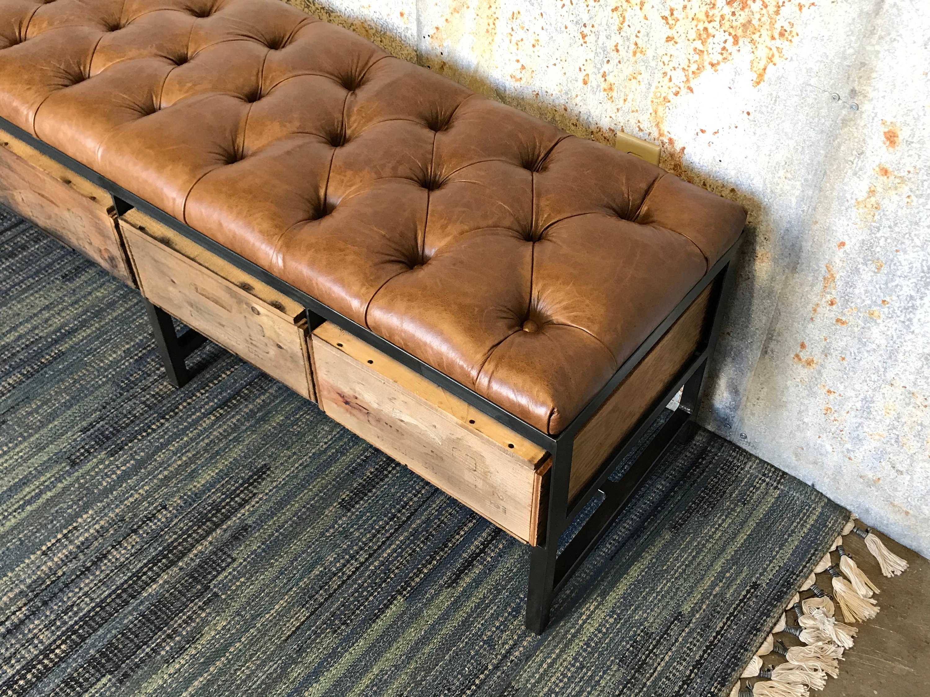 Distressed Leather Tufted Bench the Grande Custom Made Etsy