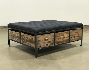 Square Tufted Ottoman with Storage  | The 48 | Vintage Wood Crates
