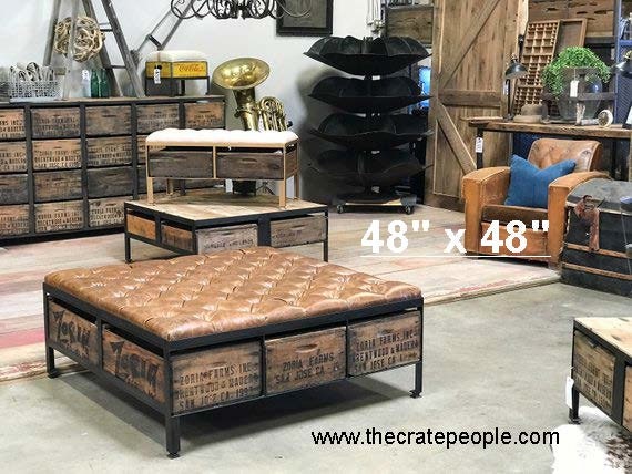 Distressed leather ottoman coffee table deals