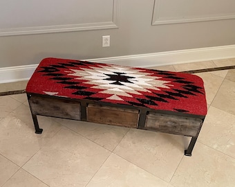 Navajo Bench Southwestern Blanket Vintage Crate Storage Ottoman | Custom Furniture