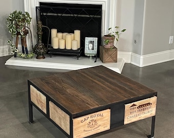WINE Crate Cocktail Table | The 32" Square Table | Reclaimed Wood Top, Crates repurposed as drawers
