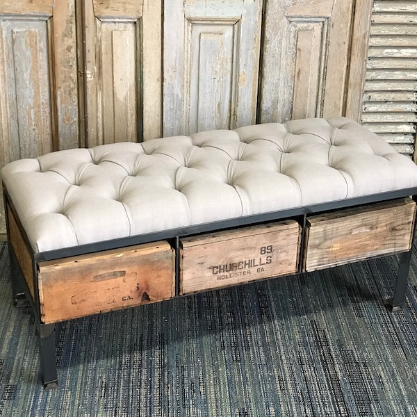 Tufted Ottoman with vintage crate storage | The Speenks | Custom Furniture