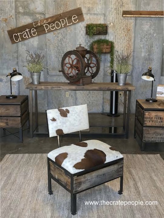 Cowhide Ottoman Backrest Bench - Vintage Crates  - CUSTOM Made Furniture