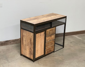 Liquor Bar with Vintage Crates as Storage and a Fridge Slot - Custom Made furniture - 100+ yr old Barn Wood