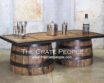 Whiskey Barrel COFFEE Table Repurposed Up-cycled || 100yr old Barn Wood Top || Bourbon Collection