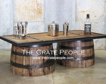 Whiskey Barrel COFFEE Table Repurposed Up-cycled || Reclaimed Wood Top || Bourbon Collection