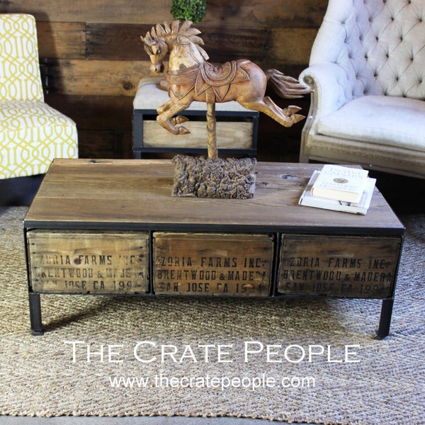 3 Zoria Crate Drawer Coffee Table | Vintage Wood Crates & Reclaimed Barn Wood | Custom Furniture