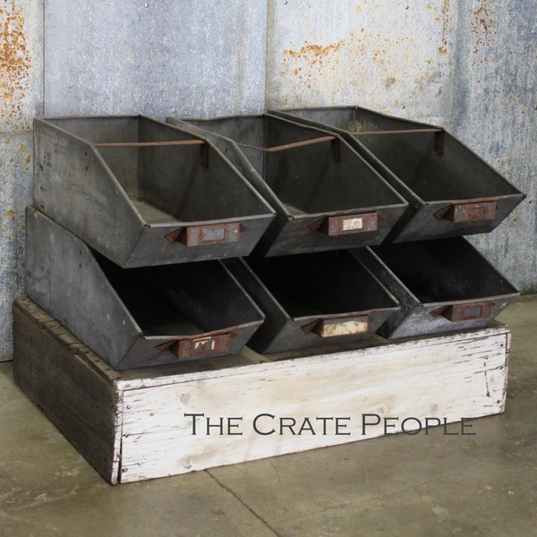 Vintage Industrial Parts BINS | Industrial Zinc Bins | Stackable Bins -- Factory Parts Bin