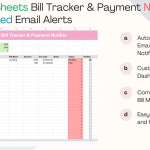 Puede incluir: Una plantilla de Google Sheets para seguimiento de facturas y notificación de pagos con alertas por correo electrónico. La hoja de cálculo incluye un panel con categorías para nombre de factura, importe, fecha de vencimiento y estado.