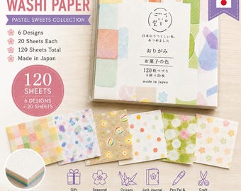 May include: A pack of Japanese Washi paper featuring 120 sheets in 6 pastel designs. The set includes a stack of square paper with patterns like checkered, floral, and polka dots. Text on the packaging includes Japanese Washi Paper and 120 sheets.