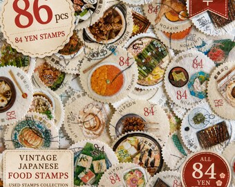 May include: A collection of 86 circular Japanese postage stamps featuring various food illustrations. Each stamp is marked with the number 84 and the word NIPPON. The collection includes text labels stating 86 pcs 84 YEN STAMPS and VINTAGE JAPANESE FOOD STAMPS.